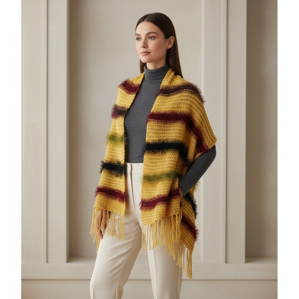 NEW Yellow Fringe Hand Knitted Shawl Scarf Wrap Boho Hippie Indie Art Whimsy